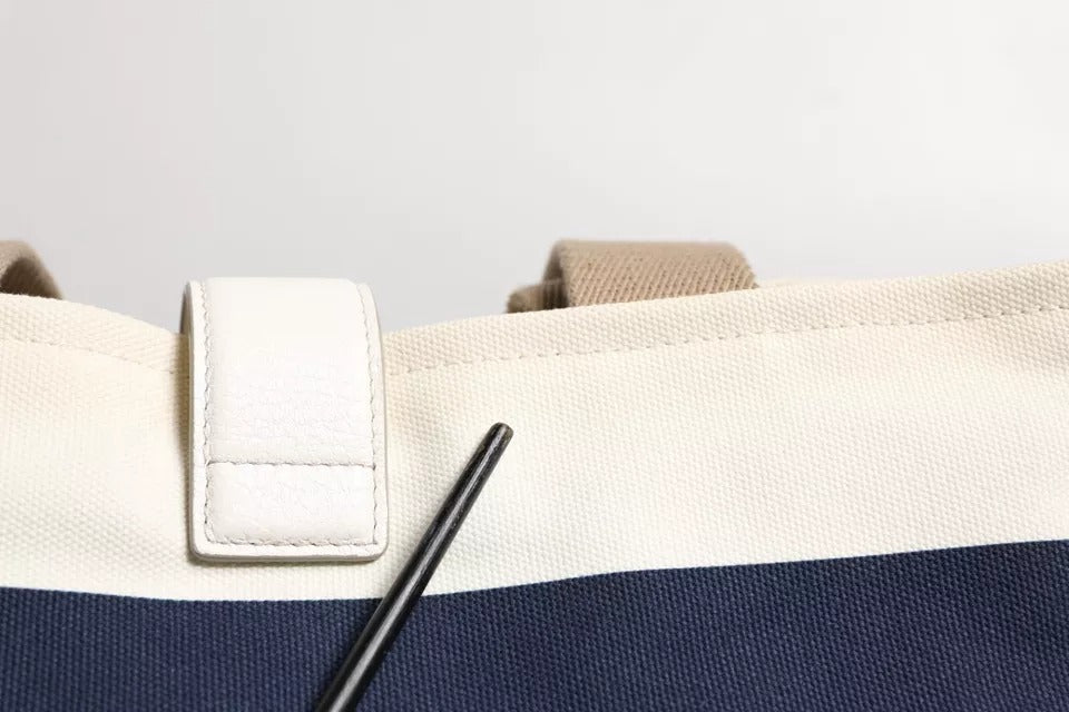 White Navy Striped Canvas Top Handle Tote Crossbody Bag