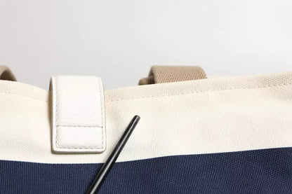 White Navy Striped Canvas Top Handle Tote Crossbody Bag