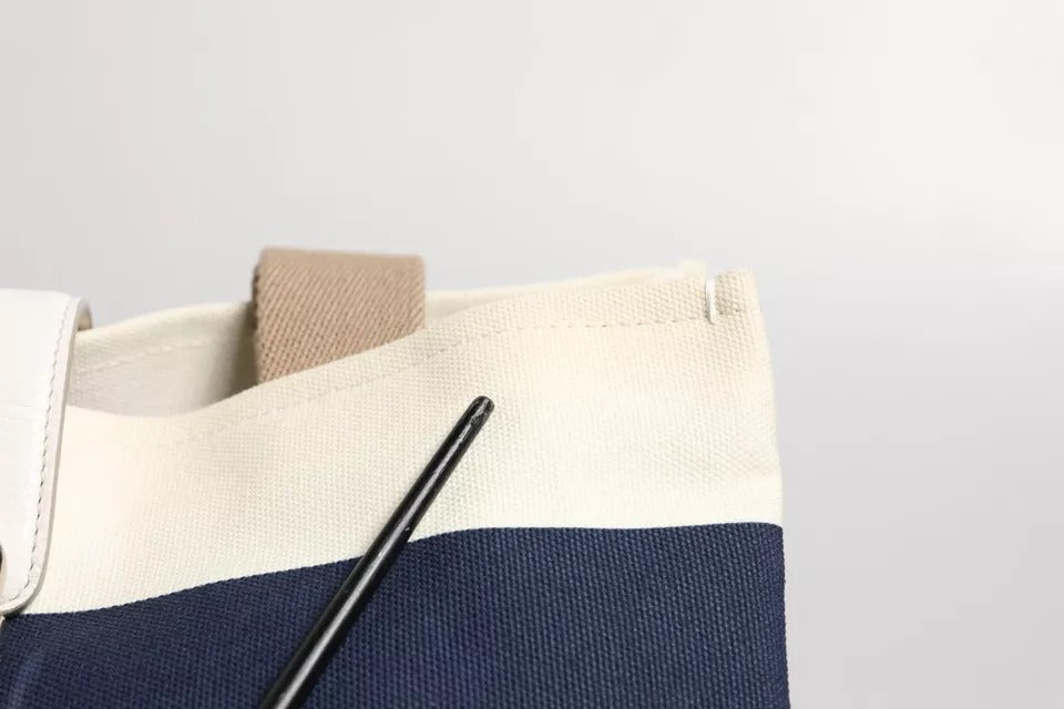 White Navy Striped Canvas Top Handle Tote Crossbody Bag