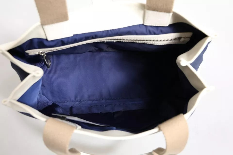 White Navy Striped Canvas Top Handle Tote Crossbody Bag