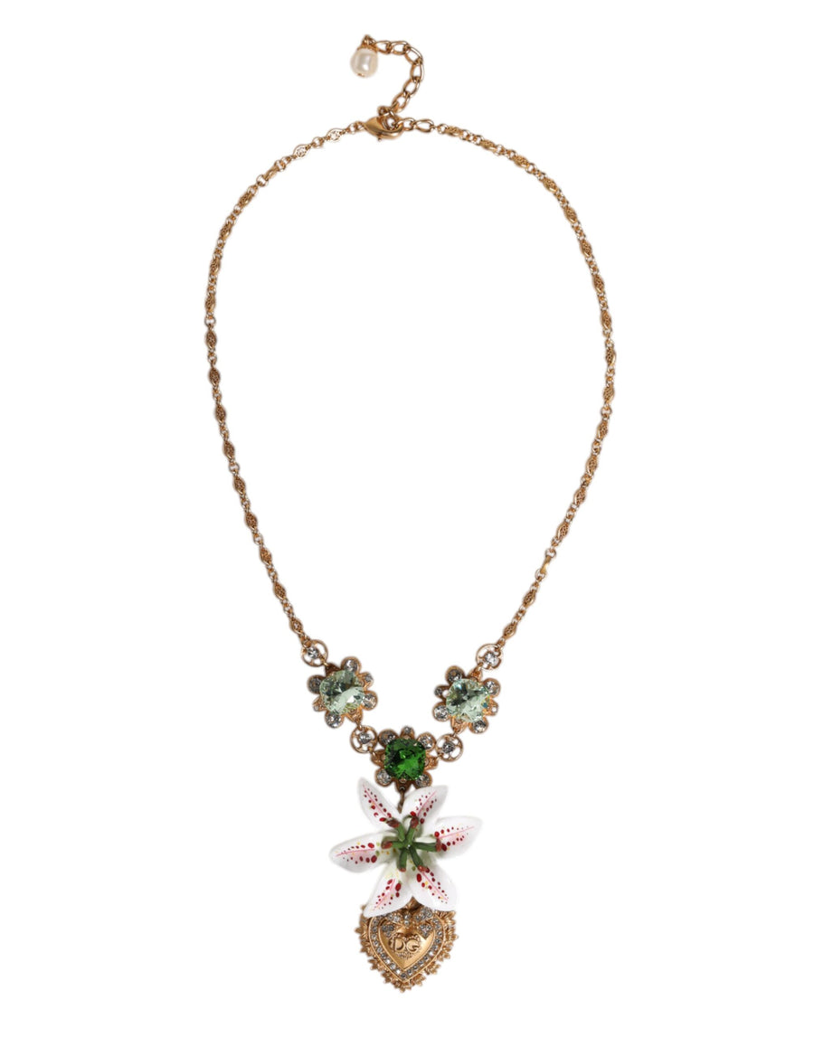 Gold Brass Lily Crystal Sacred Heart Pendant Necklace