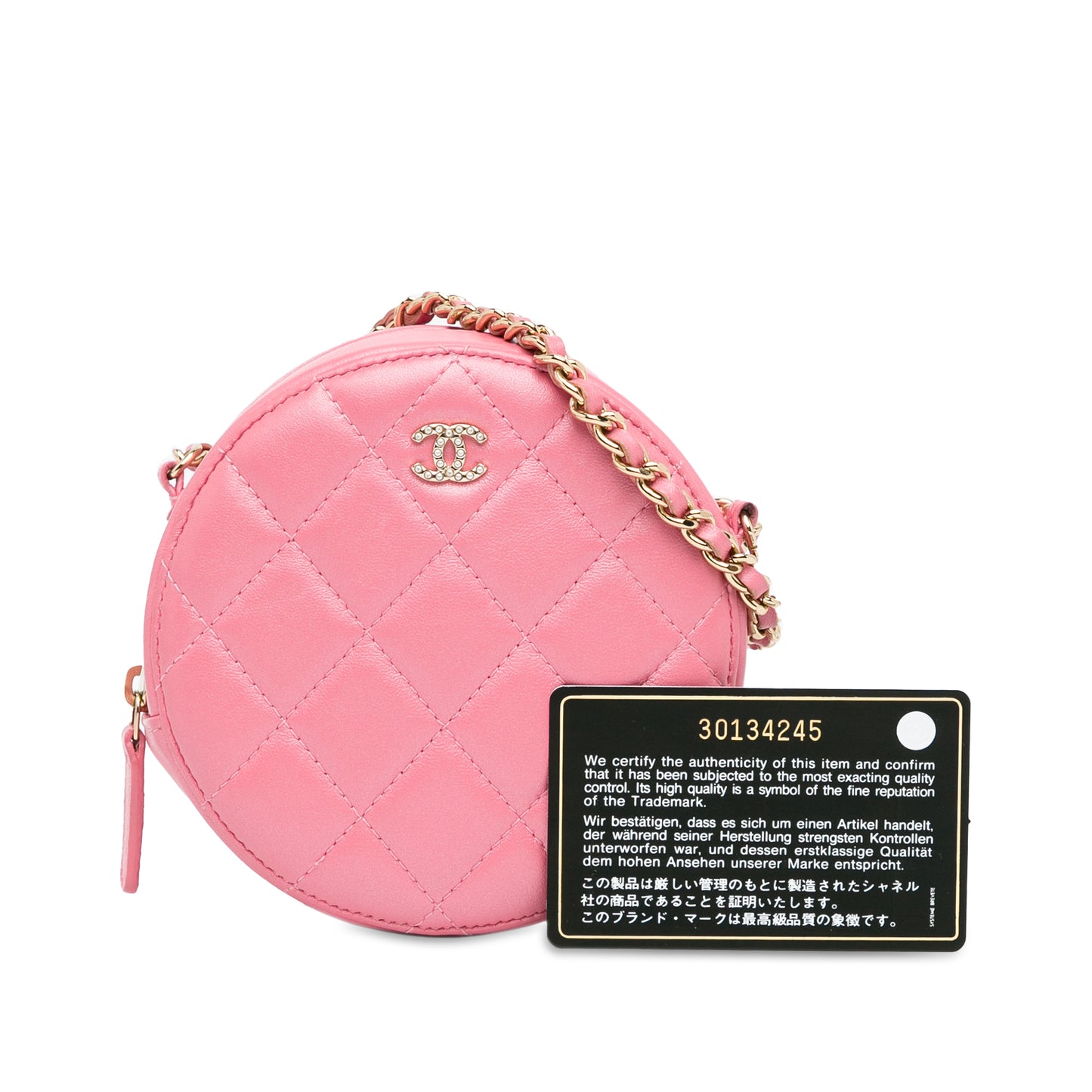 Chanel Cc Quilted Lambskin Pearl Crush Round Clutch With Chain