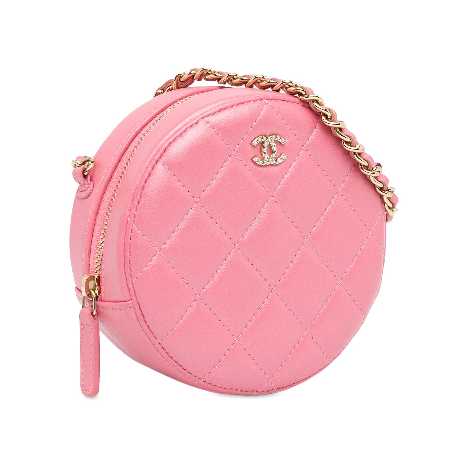Chanel Cc Quilted Lambskin Pearl Crush Round Clutch With Chain