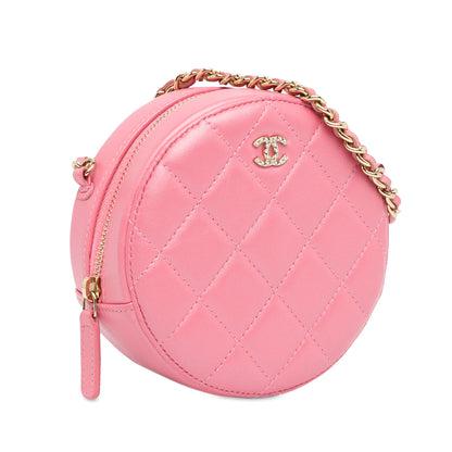 Chanel Cc Quilted Lambskin Pearl Crush Round Clutch With Chain