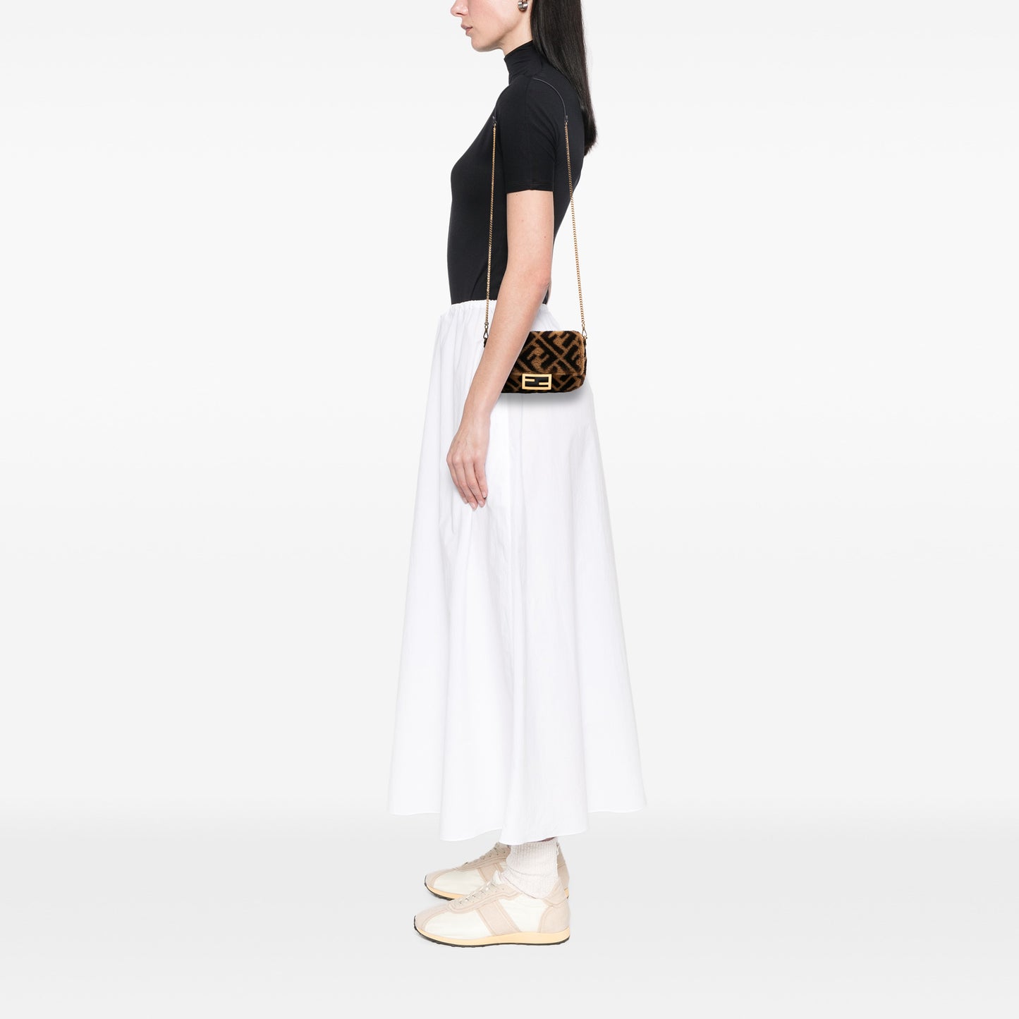 Fendi Mini Zucca Shearling Chain Baguette Satchel