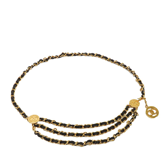Chanel Gold Plated Cc Medallion Leather Woven Chain Belt