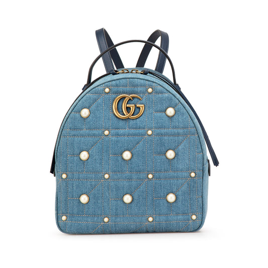 Gucci Small Gg Marmont Pearl Denim Backpack