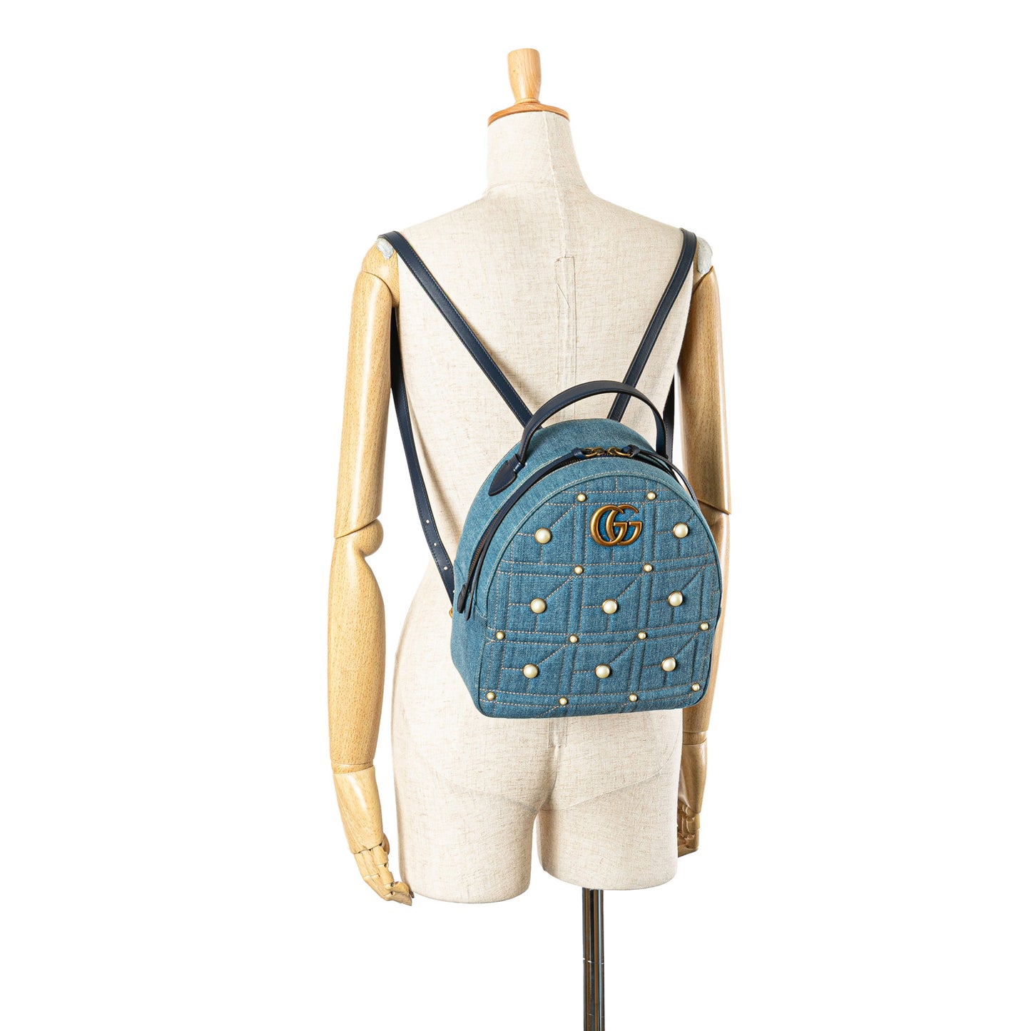 Gucci Small Gg Marmont Pearl Denim Backpack