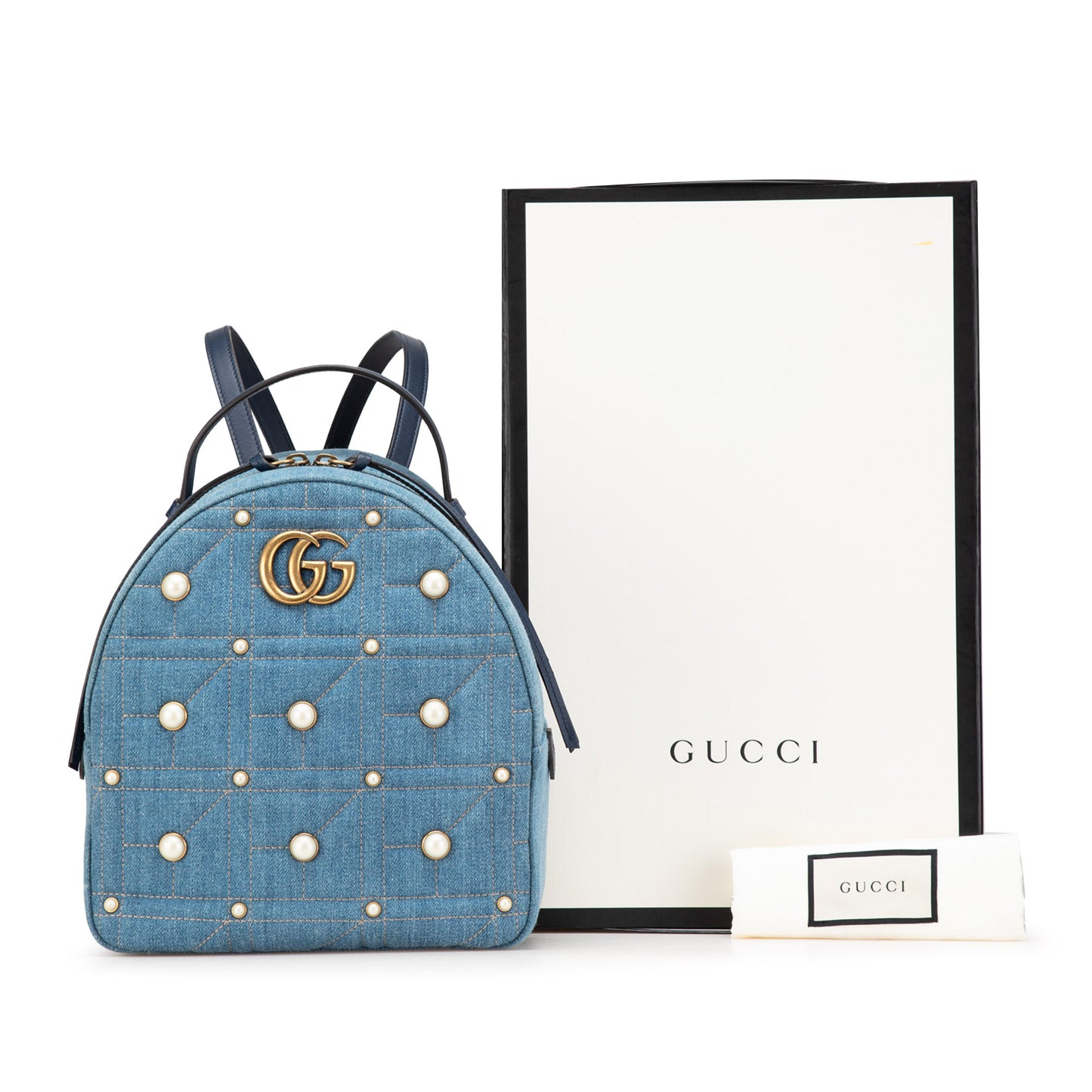 Gucci Small Gg Marmont Pearl Denim Backpack