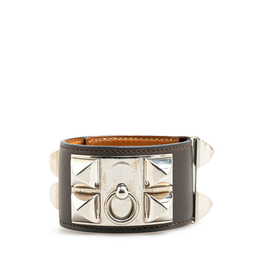 Hermès Palladium Plated And Leather Collier de Chien Cuff Bracelet (23001)
