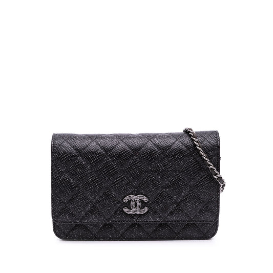 Chanel Cc Quilted Glittered Calfskin Wallet On Chain
