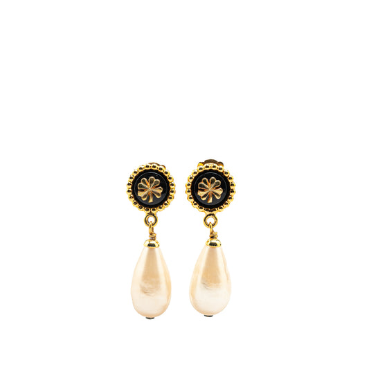 Chanel Gold Plated Clover Faux Pearl Drop Earrings (20782)