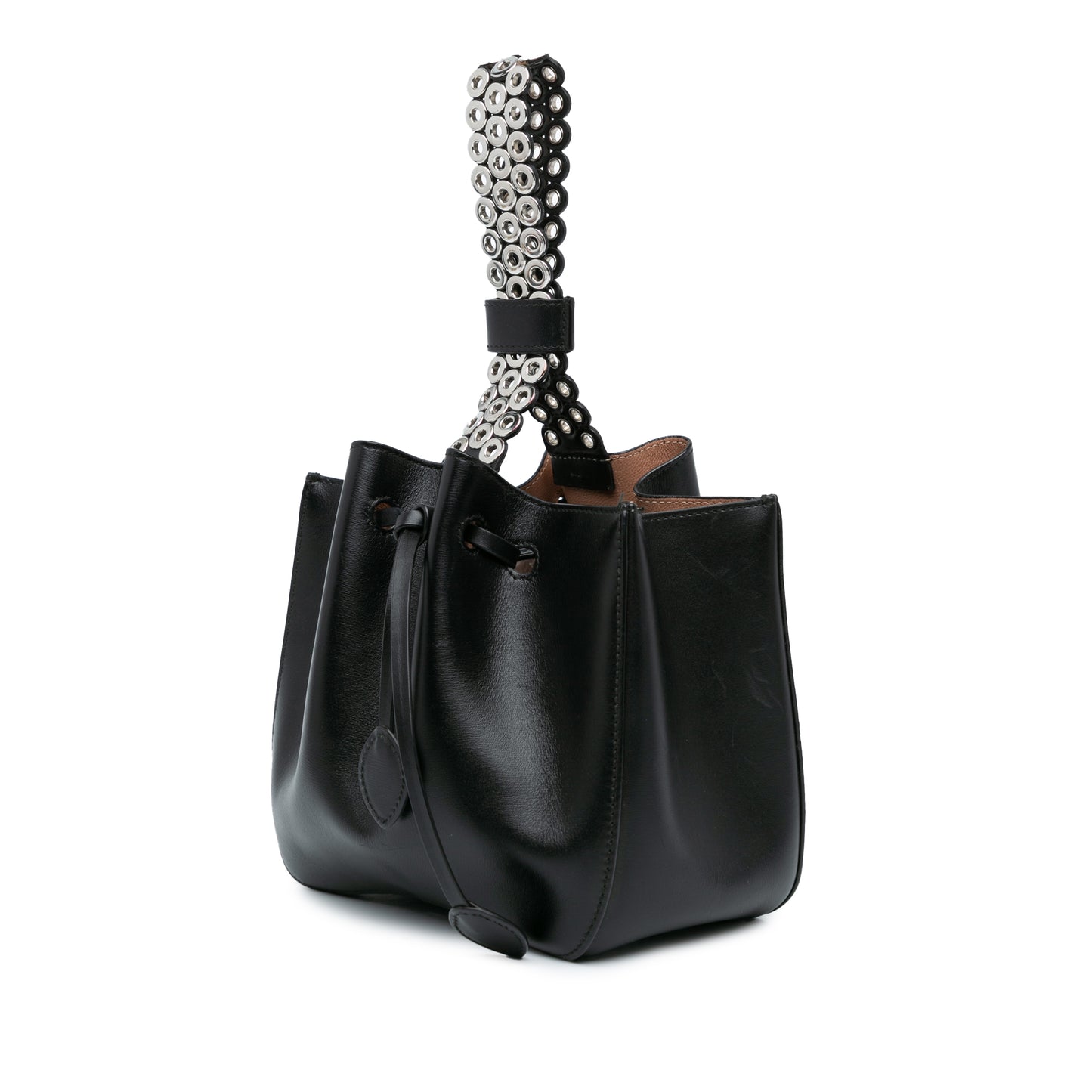 ALAÏA Calfskin Eyelet Bracelet Embellished Bucket Bag (20005)