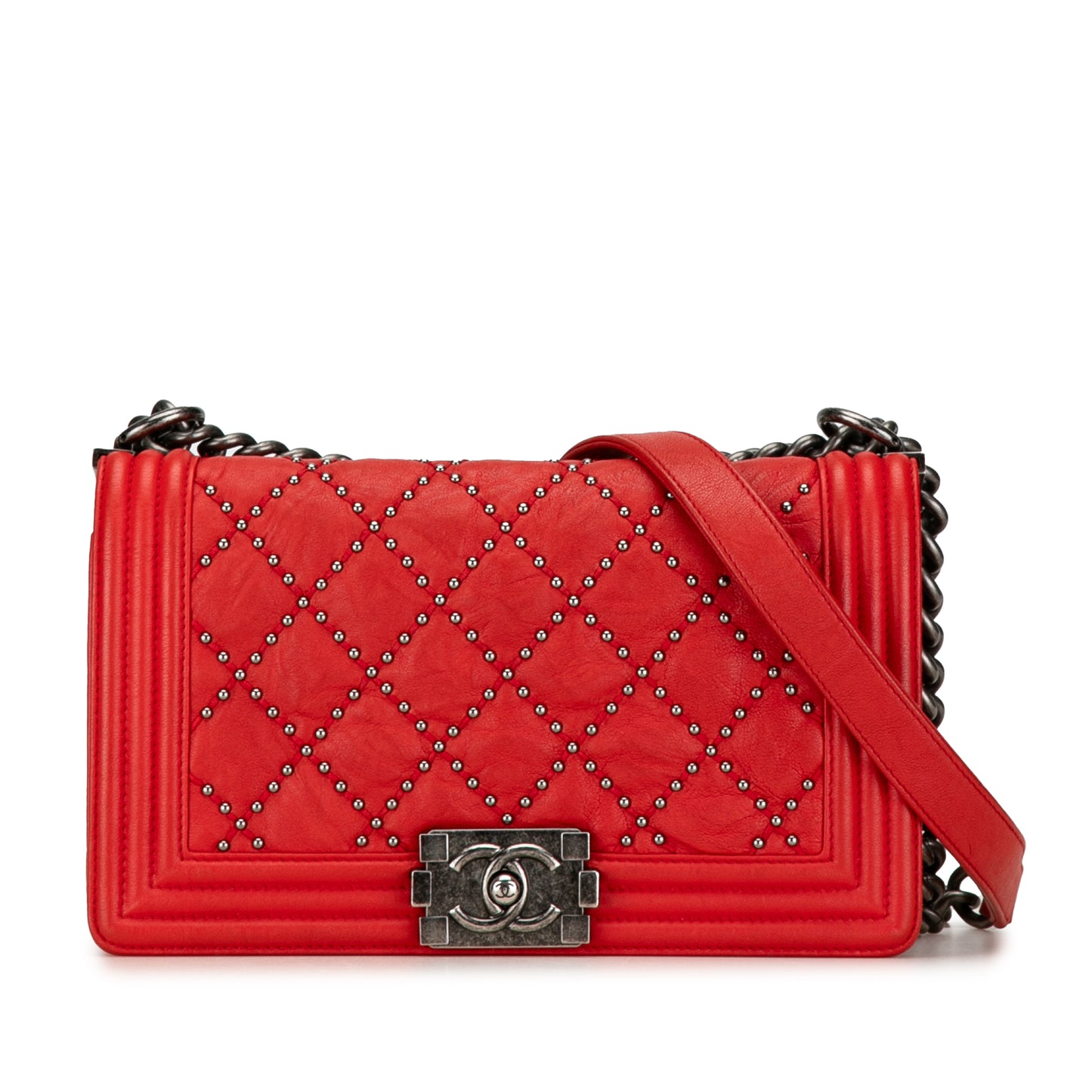 Chanel Old Medium Quilted Crumpled Calfskin Studded Boy Flap