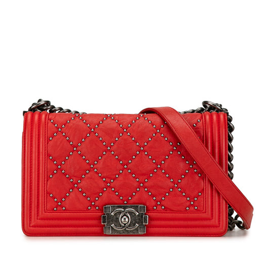 Chanel Old Medium Quilted Crumpled Calfskin Studded Boy Flap