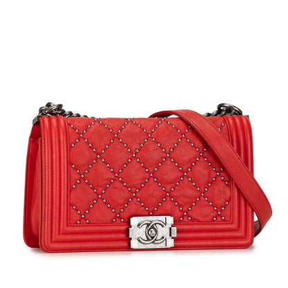 Chanel Old Medium Quilted Crumpled Calfskin Studded Boy Flap