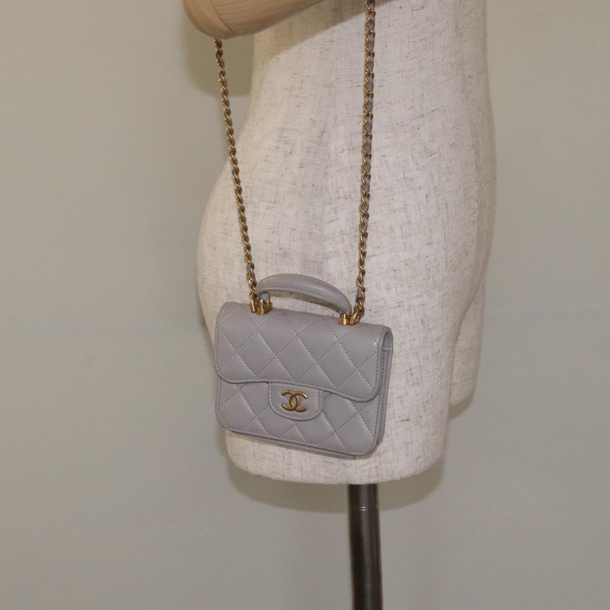 Chanel Matelasse Chain Wallet Shoulder Bag Lamb Skin Gray Gold Cc
