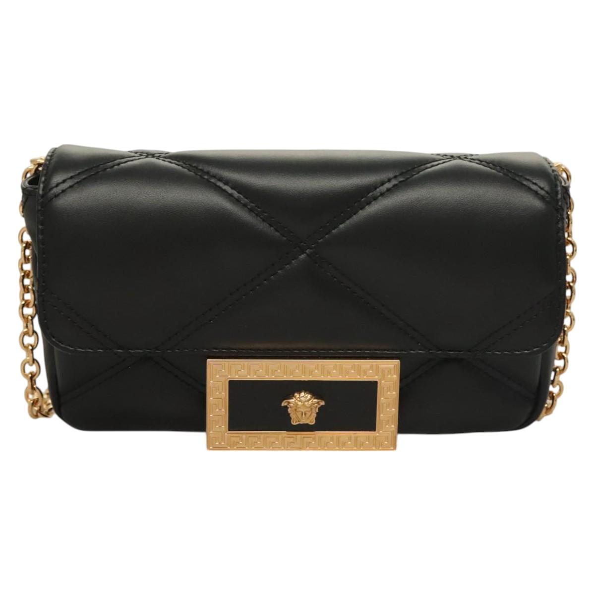 Versace Chain Shoulder Bag Leather Black Gold