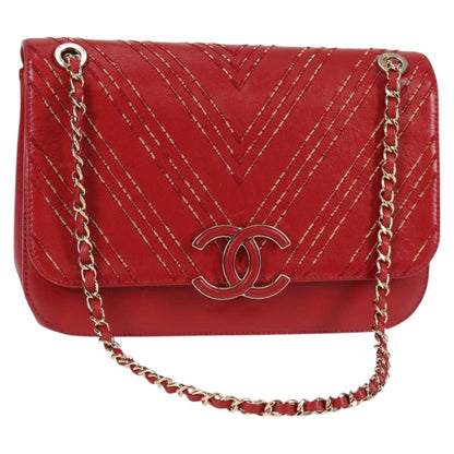 Chanel Chain V Stitch Shoulder Bag Lamb Skin Red Gold Cc