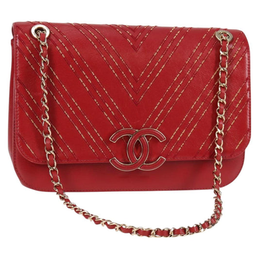 Chanel Chain V Stitch Shoulder Bag Lamb Skin Red Gold Cc
