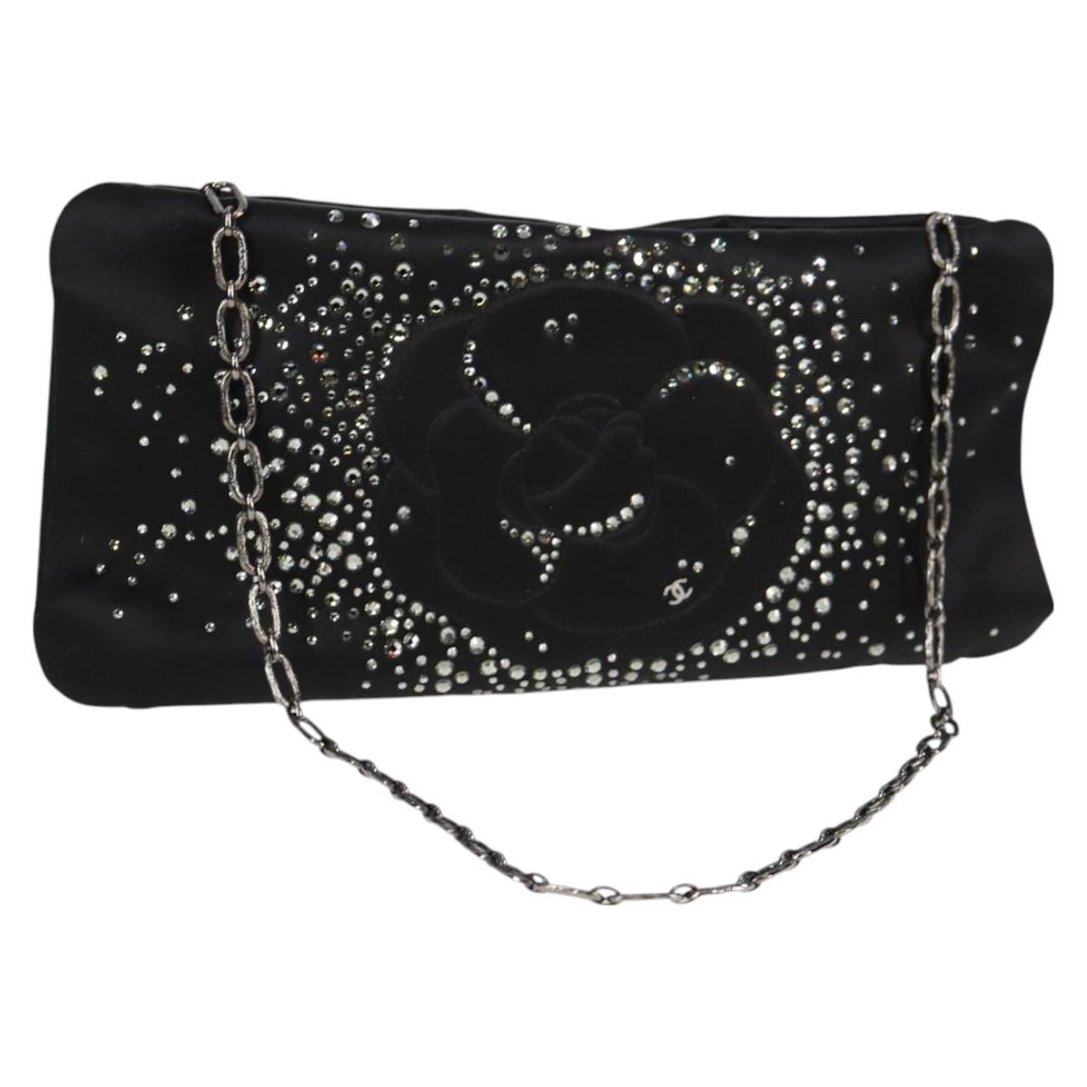 Chanel Camellia Rhinestone Chain Accessory Pouch Satin Black Cc