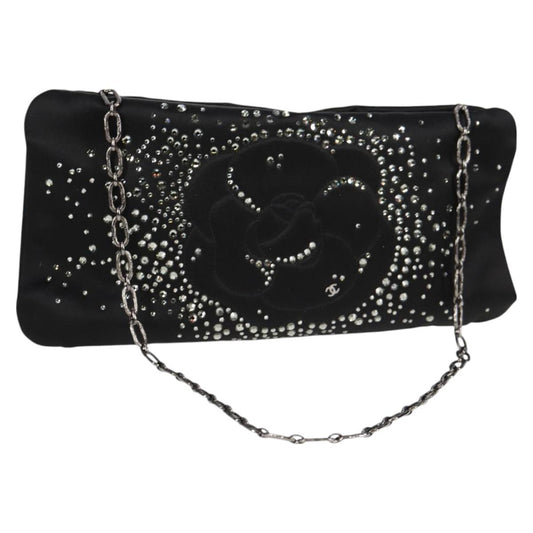 Chanel Camellia Rhinestone Chain Accessory Pouch Satin Black Cc