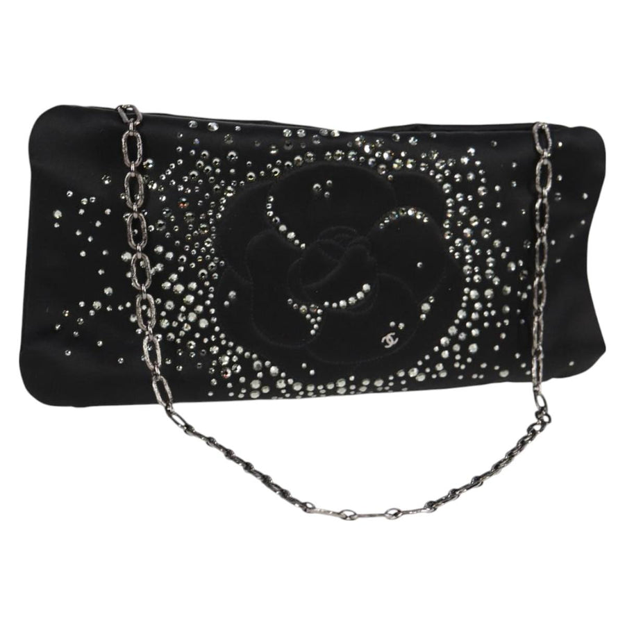 Chanel Camellia Rhinestone Chain Accessory Pouch Satin Black Cc