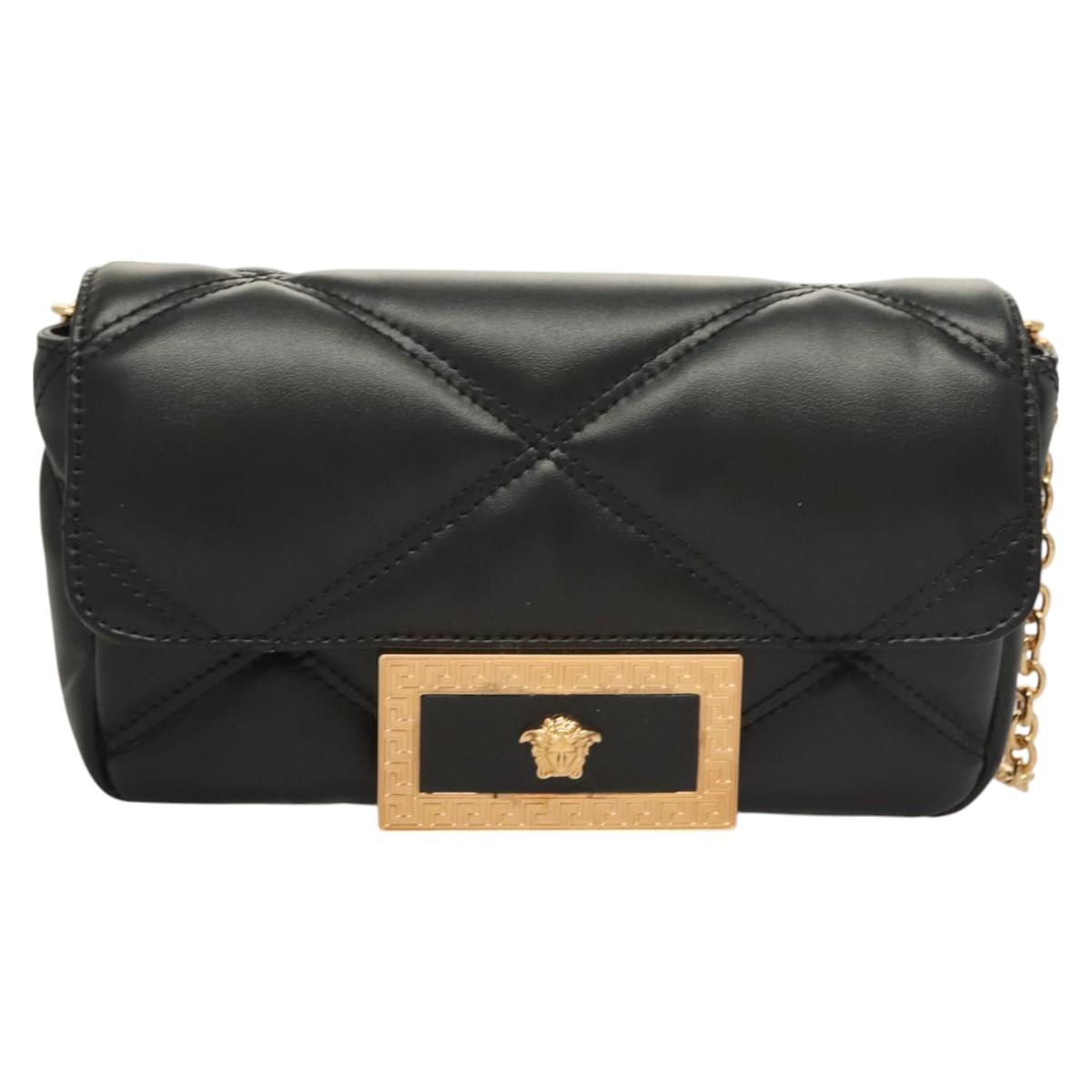 Versace Chain Shoulder Bag Leather Black Gold