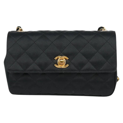 Chanel Matelasse Chain Shoulder Bag Satin Black Gold Cc