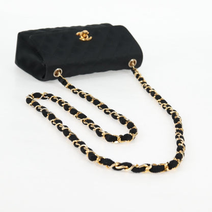 Chanel Matelasse Chain Shoulder Bag Satin Black Gold Cc