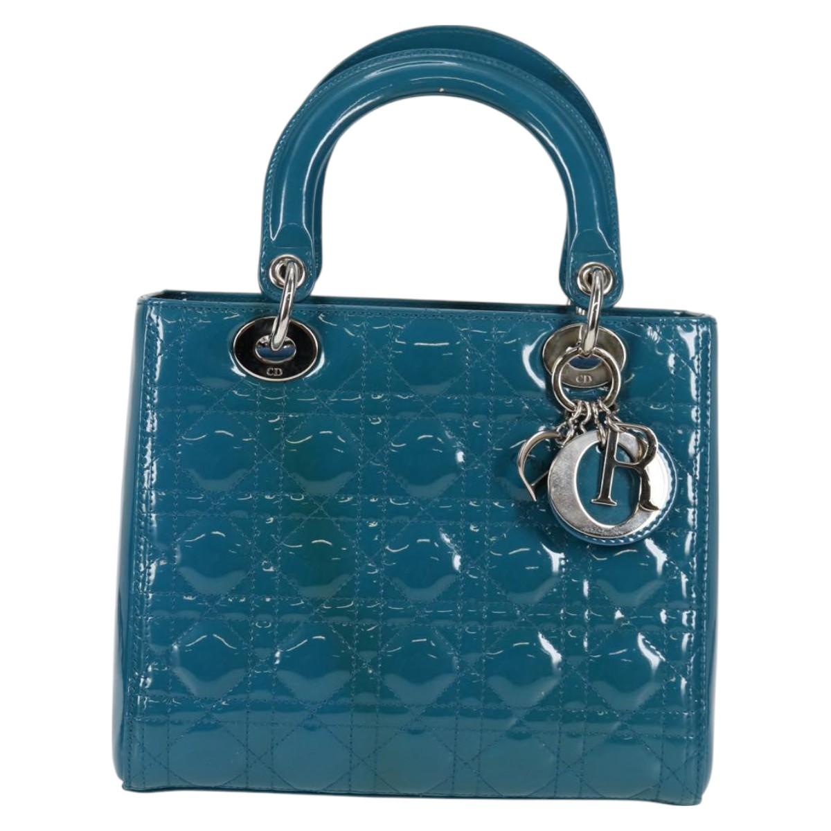 Christian Dior Lady Dior Canage Hand Bag Patent 2WAY Blue Silver