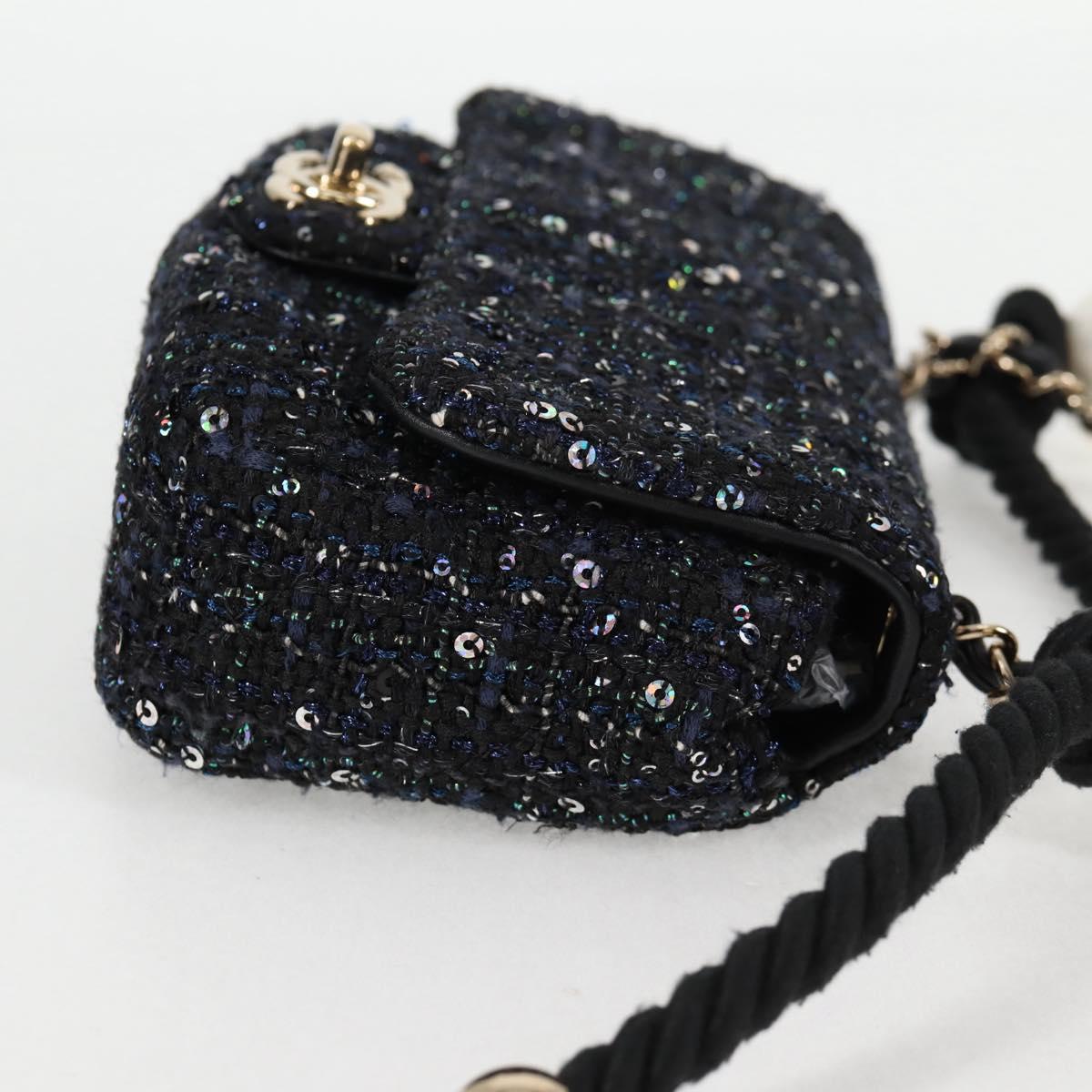 Chanel Chain Pearl Shoulder Bag Tweed Navy Gold Black Cc