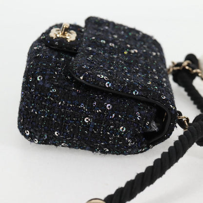 Chanel Chain Pearl Shoulder Bag Tweed Navy Gold Black Cc