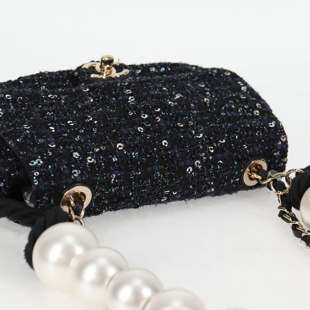 Chanel Chain Pearl Shoulder Bag Tweed Navy Gold Black Cc