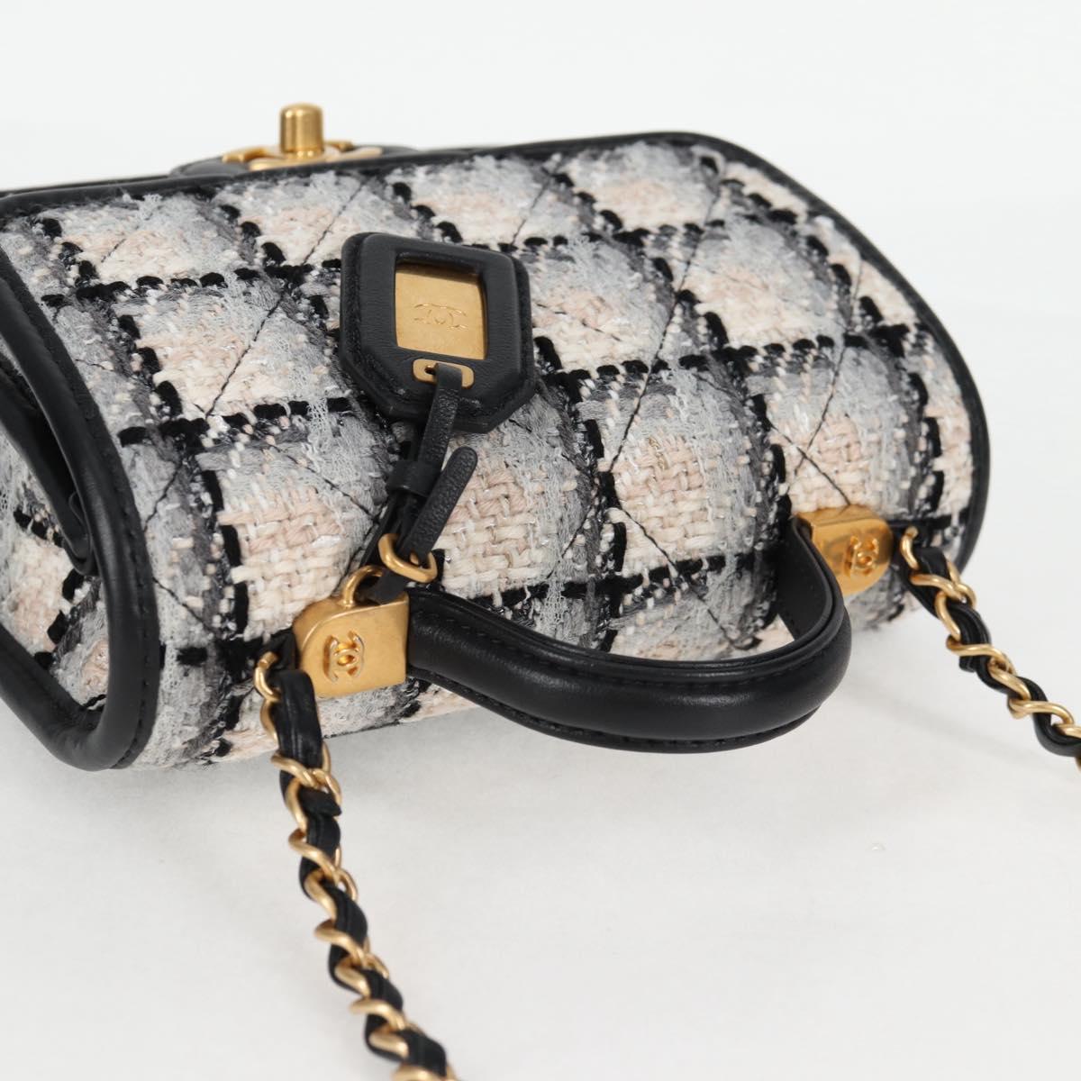 Chanel Matelasse Chain Hand Bag Tweed 2WAY White Gold Cc