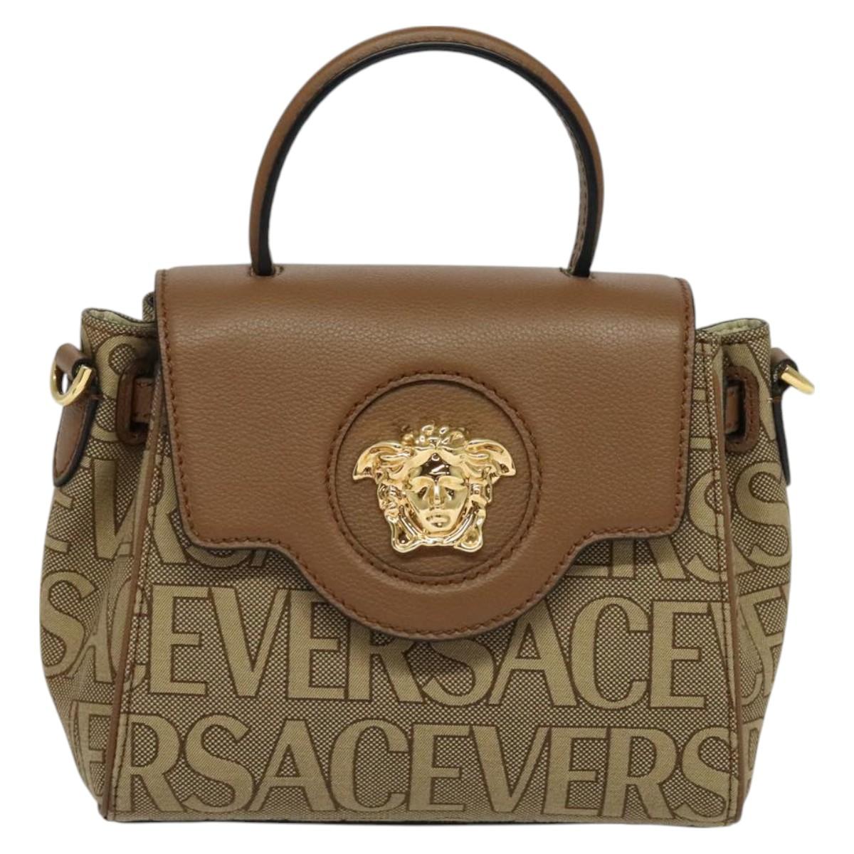 Versace Hand Bag Canvas Leather 3WAY Brown Gold