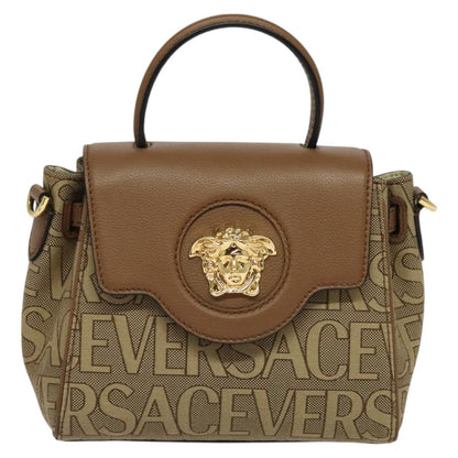 Versace Hand Bag Canvas Leather 3WAY Brown Gold