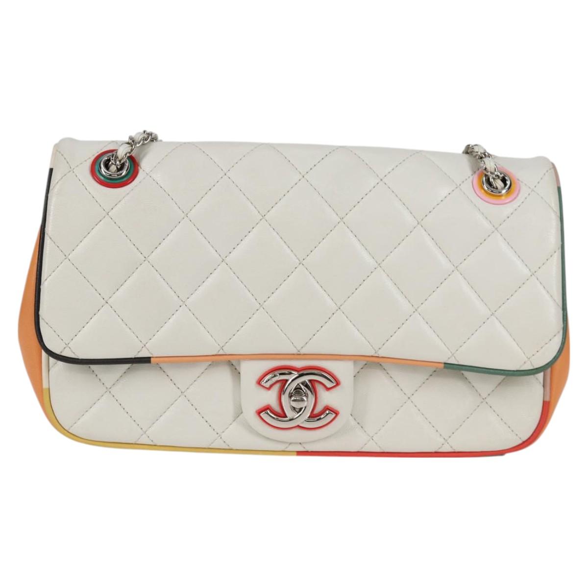 Chanel Matelasse Chain Shoulder Bag Lamb Skin White Silver Cc