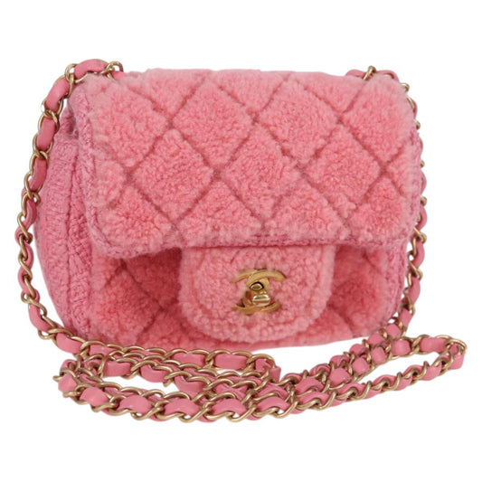Chanel Matelasse Chain Shoulder Bag Wool Pink Gold Cc