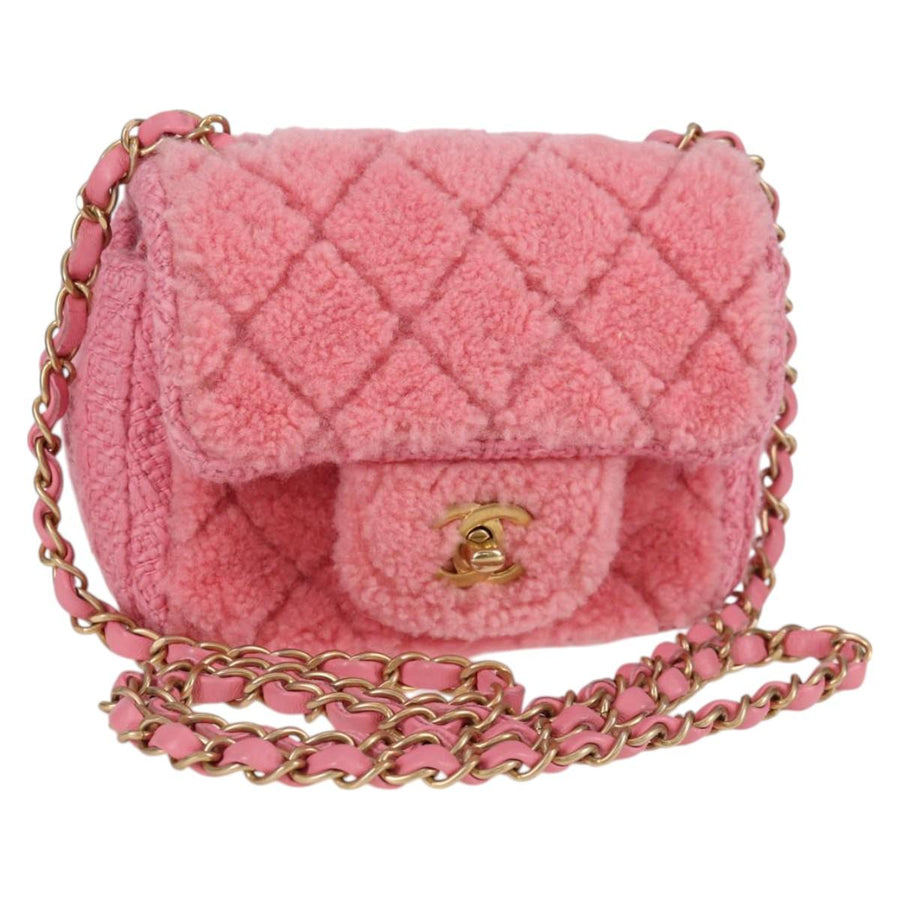 Chanel Matelasse Chain Shoulder Bag Wool Pink Gold Cc