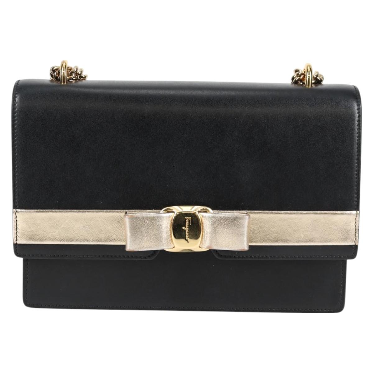 Salvatore Ferragamo Vala Chain Shoulder Bag Leather Black Gold