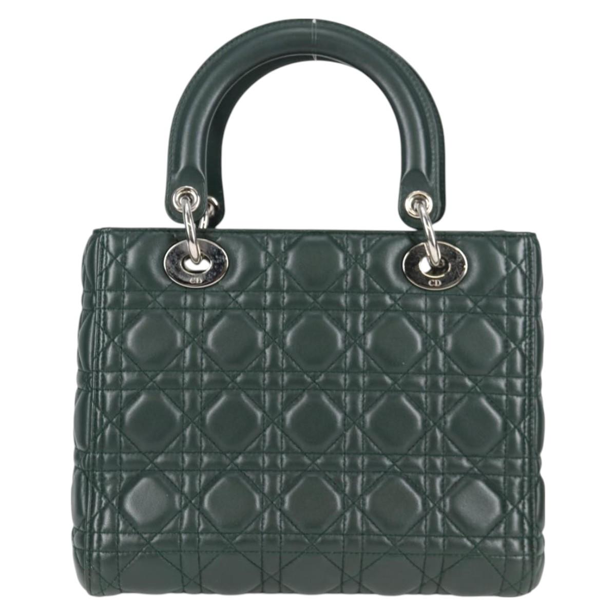 Christian Dior Canage Lady Dior Hand Bag Lamb Skin 2WAY Green Gold