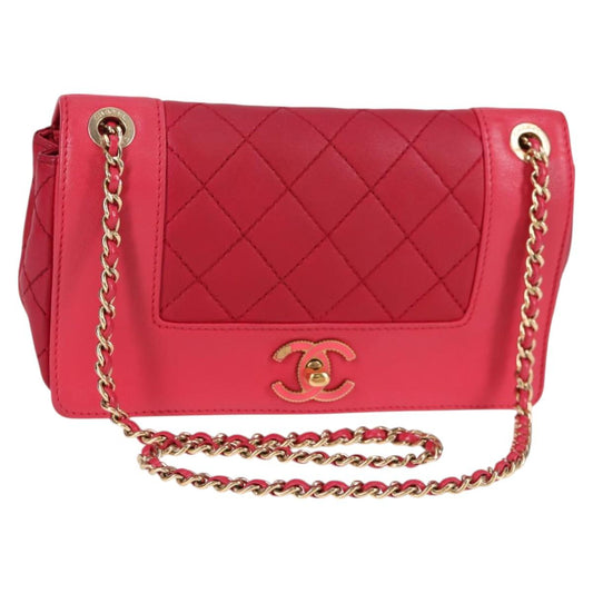 Chanel Matelasse Chain Shoulder Bag Leather Red Gold Cc