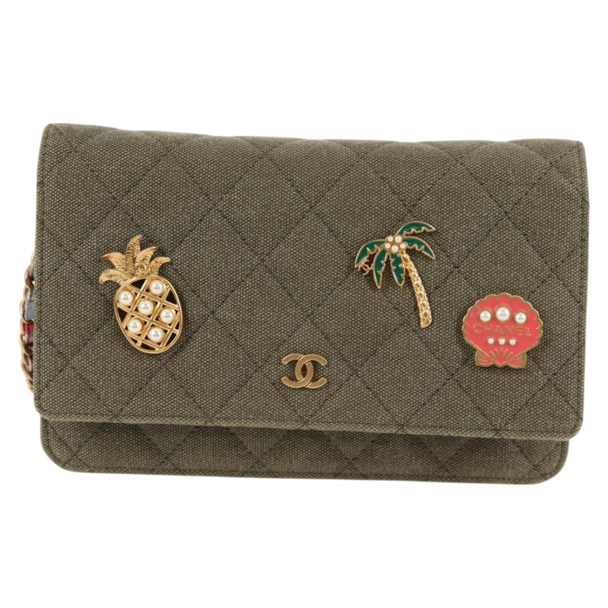Chanel Matelasse Chain Shoulder Bag Canvas Green Gold Cc