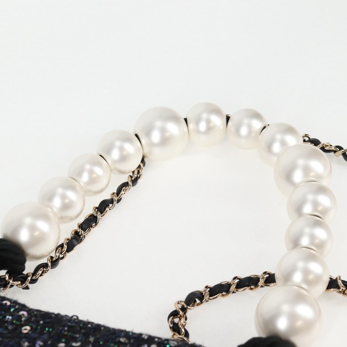 Chanel Chain Pearl Shoulder Bag Tweed Navy Gold Black Cc
