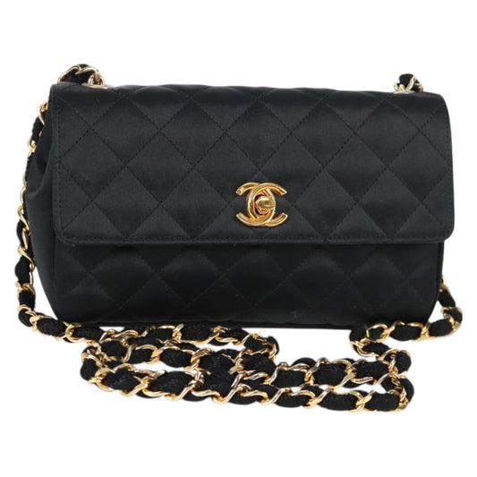 Chanel Matelasse Chain Shoulder Bag Satin Black Gold Cc