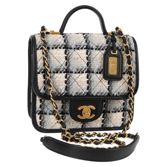 Chanel Matelasse Chain Hand Bag Tweed 2WAY White Gold Cc