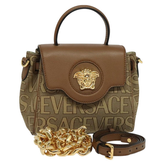 Versace Hand Bag Canvas Leather 3WAY Brown Gold