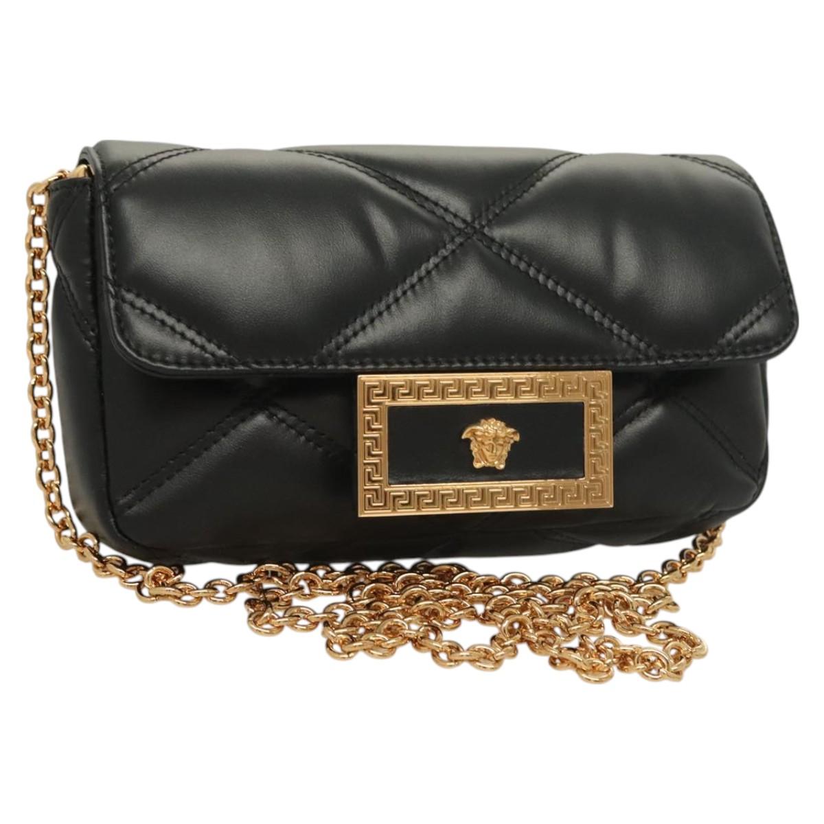 Versace Chain Shoulder Bag Leather Black Gold