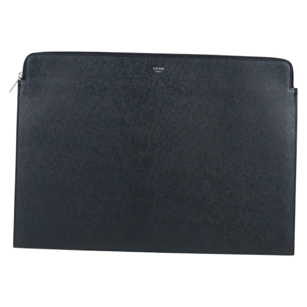 Celine Clutch Bag Leather Navy Silver 10b593-070